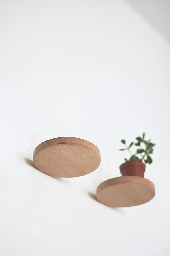 Coracle Floating Shelf Wood Round Wall Mounted Showcase Wall Shelf Hanging Planter Storage Wooden Shelf for Plants Photo Candle Invisible Wall Decoration Design Set of 2 (Diameter Ø4.7 inch)