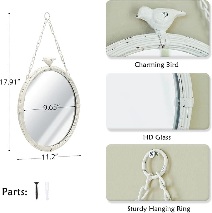 NIKKY HOME 11 Inch Decorative Small Hanging Mirrors Vintage Rustic Round Metal Framed Wall Mounted Mirror Decor with Bird for Bathroom Living Room Office, Rustic White