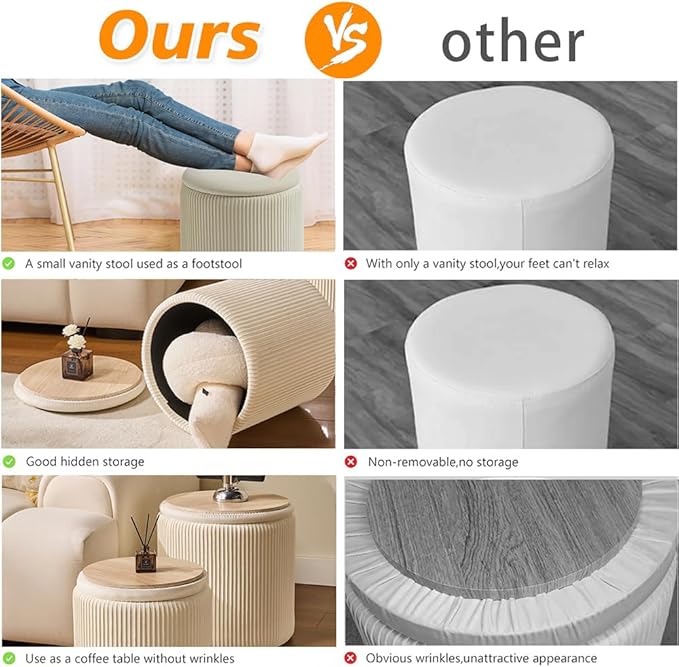 Round Set of 2 Ottoman with Storage-Upholstered Velvet Vanity Stool for Makeup Multifunctional Ottomans Coffee Table Padded Seat Foot Rest for Living Room&Bedroom(White)