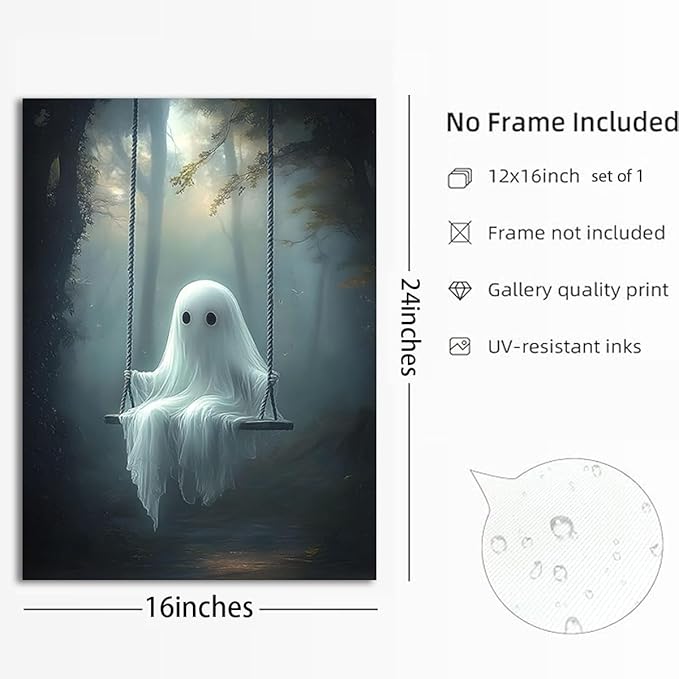 ILLBDR Cute Ghost Canvas Wall Art Halloween Decor Vintage Painting, Spooky Silhouette Ghost Haunted House Art, Bedroom Gothic Decor Ready to Hang, 16x24 Inch Unframed