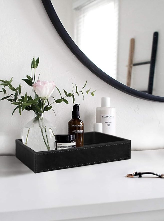 HofferRuffer PU Leather Catchall Tray, Jewelry Tray, Desktop Storage Organizer, Valet Tray, Leather Tray for Nightstand or Dreeser Organizer, Black, 10.2 x 8.4 x 1.8 inches