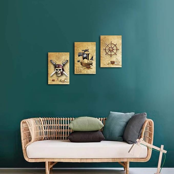 Pirate ship and rudders Canvas Wall Art for Living Room Bedroom Decoration wall painting,Bathroom Wall Decor Home Decoration kitchen posters artwork,Adventure map decoration 16x12 inch/ 3 piece set