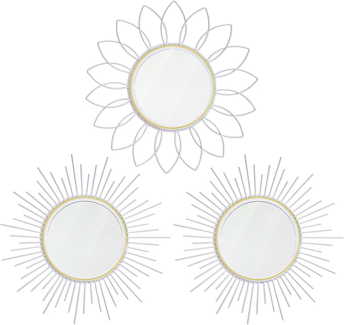 3 Pack Metal Mirrors for Wall Sunburst Wall Mirrors Home Décor Decorative Hanging Wall Art for Living Room Bedroom Entryway (White, Flower+Sunburst)