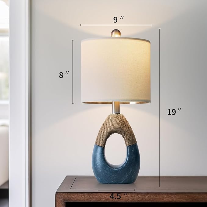 OYEARS 19" Boho Bedside Lamps Set of 2, Suitable for Small Spaces, Blue Table Lamps for Living Room & Coastal Farmhouse End Tables