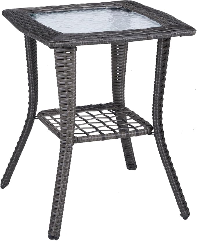 VINGLI Outdoor Side Table with Storage Wicker Patio Side Table, Tempered Glass Top End Table for Balcony Porch Deck (Grey)