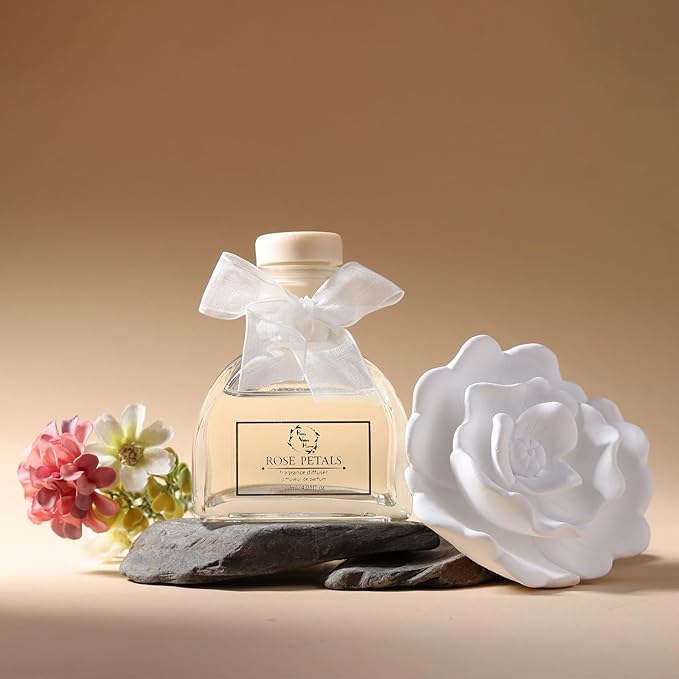 Reed Diffuser Set, Pretty Valley Home Diffuser Gypsum Flower Oil Rose Petals 120Ml / 4.05fl OZ Gift Box for Bathroom Office Bathroom Living Room Decor (Beautiful)