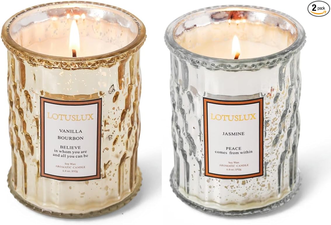 Scented Aromatherapy Luxury Candle - Natural Soy Coconut Wax with Plant Essential Oils, 6.8oz for Home Decor, Relaxation, and Spa Gifts with 45 Hour Burn Time 2 Pack (Vanilla Bourbon+Jasmine)