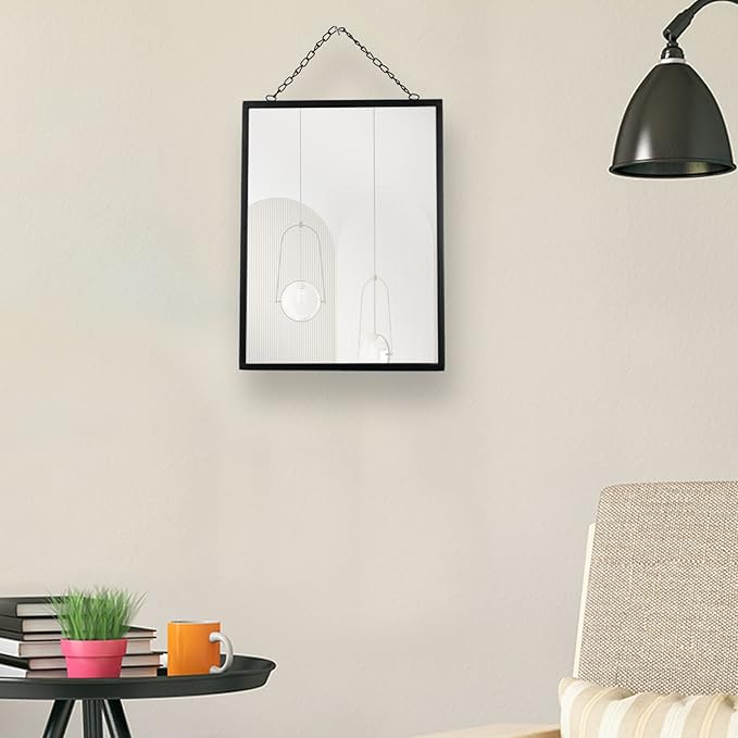 Black Hanging Mirror with Chain, 12 x 16 Inch Rustic Wall Decor for Bathroom, Entry, Dining Room, and Living Room. Metal Rectangle Vanity Mirror, Decorative Mirror.