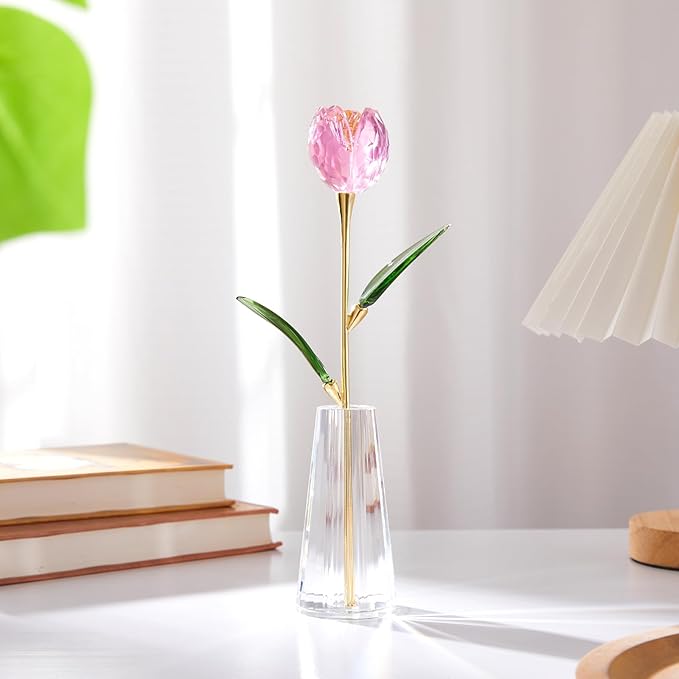 Crystal Tulip Flowers Figurine Collectible- Glass Flowers with Vase,Glass Flower Bouquet Paperweight,Gift for Anniversary Wedding Centerpiece Ornament(Pink)