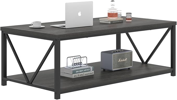 FOLUBAN Industrial Coffee Table with Storage Shelf, Modern Rustic Wooden and Metal Rectangle Center Table for Living Room, Dark Gray, 47 Inch