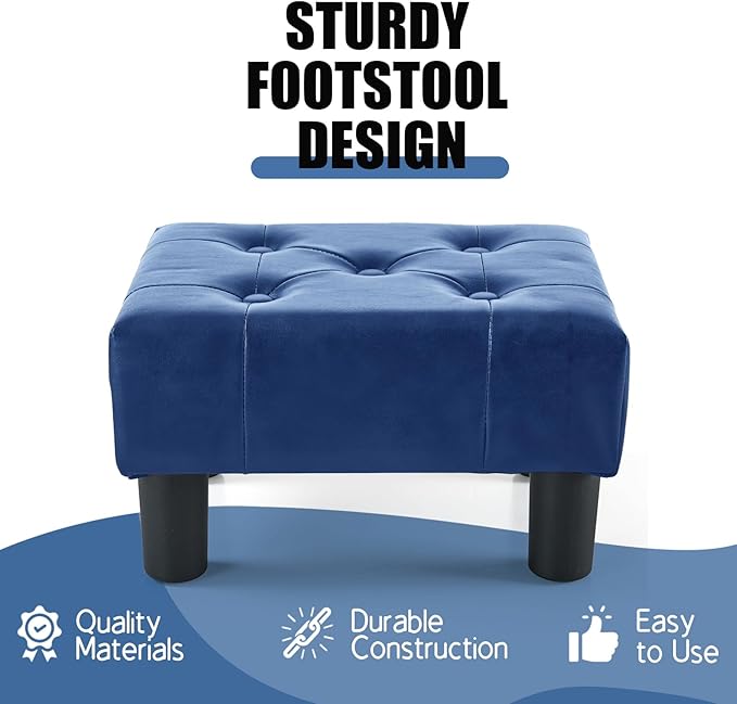 BRIAN & DANY Small Foot Stool, Leather Foot Stools with Legs, Stable Small Footstool for Living Room, Blue