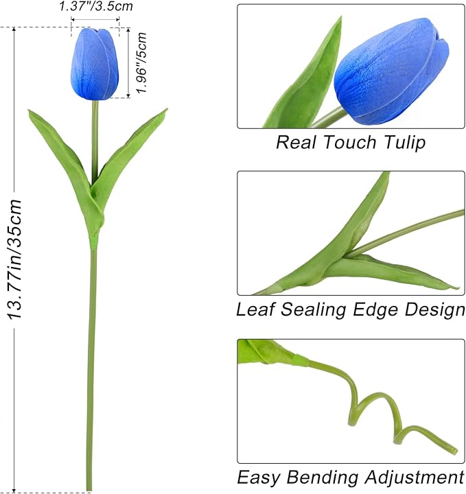 Beferr 18pcs Tulips Artificial Flowers Faux Tulip Real Touch Fake Flowers Bouquets Arrangements for Mothers Day Easter Spring Flowers Gifts Home Table Decor Blue
