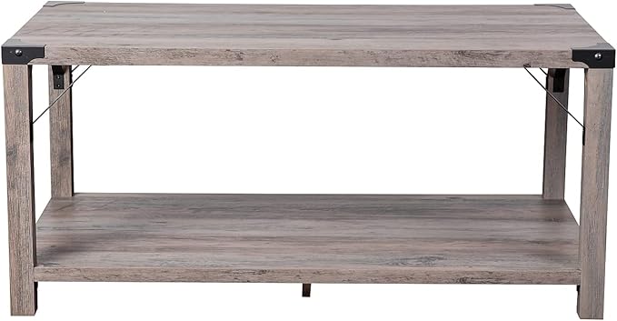 Flash Furniture Wyatt Modern Farmhouse 2 Tier Coffee Table - Gray Wash Engineered Wood Frame - Black Metal Crisscross Side Braces and Corner Accents