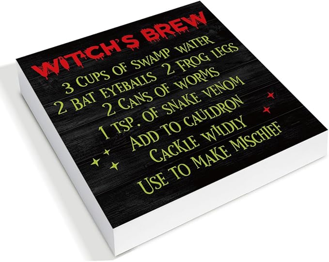 Halloween Witch's Brew Wooden Sign Decor - Kitchen Desk Block Sign for Home Table Shelf - 5 x 5 Inch
