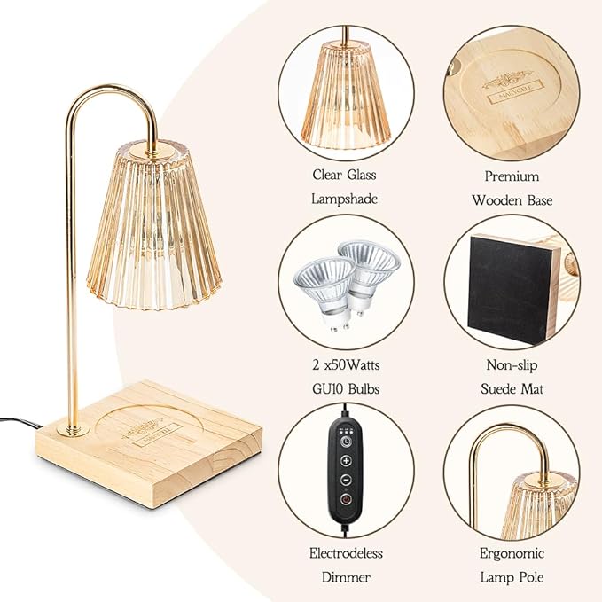 Candle Warmer Lamp with Timer, Vintage Amber Nightstand Lamp with 2 Bulbs for Home Room Decor, Dimmable Wax Warmer for Jar Candles, Wedding Registry Gifts for Women Couples 2025