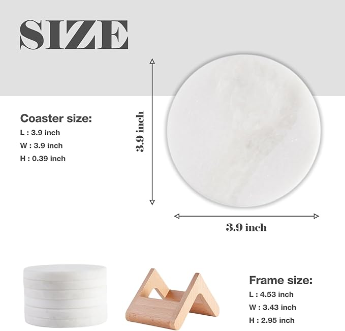 Koville Round Marble Coasters Set of 6 for Coffee Table, 3.9" Inches Handmade Coaster, Luxury Aesthetic Modern Drink Coaster for Table Décor Home Décor, White Cup Coasters for Dining, Bar or Office