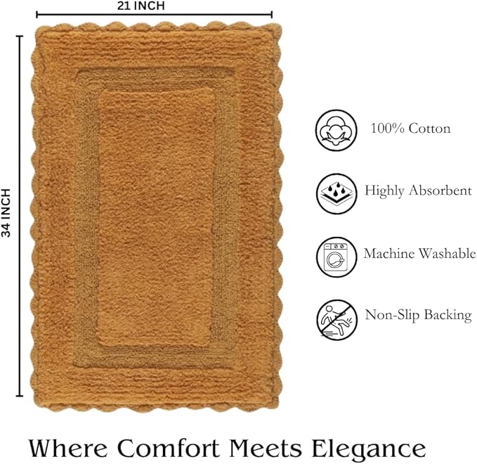 Cotton Crochet Bathmat with Antiskid 21x34 Mustard, 100% Pure Cotton, Super Soft White, Plush & Absorbent, Hand Tufted Heavy Weight Construction, Full Reversible Step Out Rugs