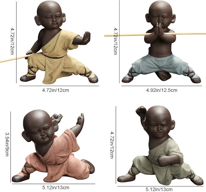 Kingzhuo Ceramic Cute Buddha Statue Adorable Monk Figurines Delicate Chinese Four Style Kung Fu Monks Set of 4 Monk Sculptures for Home Decor Tabletop Display Ornaments Decoration 4.7in in Height