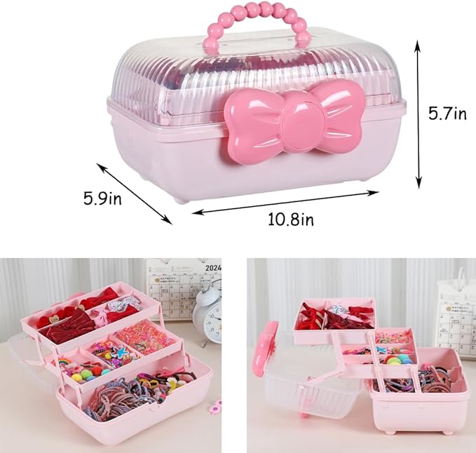 Hair Accessories Organizer for Girls Headbands, Clips, Ties Baby Girl Supplies, Lockable Three-layer Folding Craft Organizers and Storage Plastic Jewelry Box,10.8 * 5.9 * 5.7in (Pink)