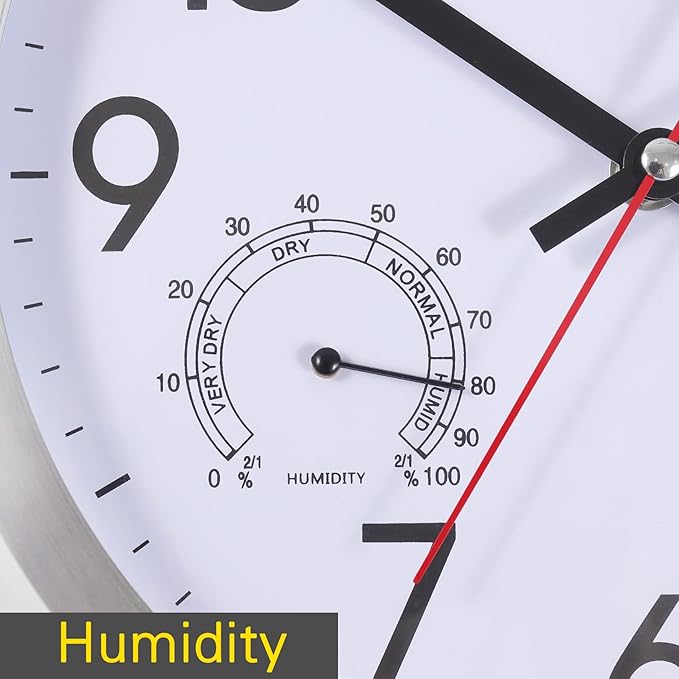 10 Inch Wall Clock with Temperature & Humidity, Aluminum Frame Wall Clocks, Sweep Silent Movement Accurate Clocks, Decorative for Kitchen Living Room Bedroom