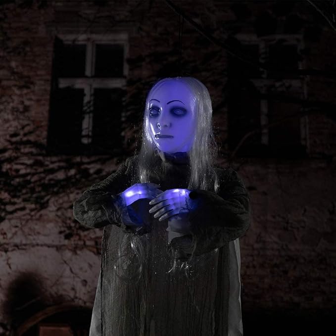 HollyHOME Animated Hanging Ghost with Glowing Head and Creepy Sounds Female Ghost Halloween Decorations Outdoor Haunted House Prop Decor 48 Inch