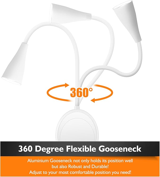 LED Wall Mount Reading Light, Bedside Reading Lights with Touch Control, 5 Dimmable, USB Output, Night Light & Timers, Flexible Gooseneck Headboard Bed Lights Wall Sconce (White-2P)