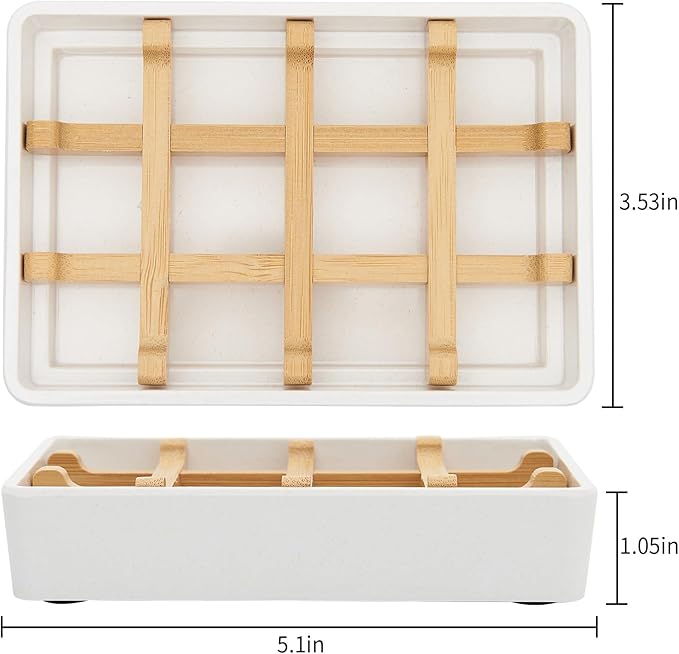 Bamboo Soap Dishes for Shower Wooden Soap Bar Holder for Bathroom Soap Tray Easy to Clean, Durable and with Non-Slip Pads(Single White Square)