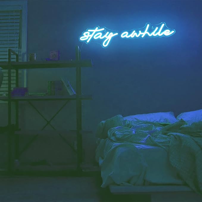 Stay Awhile Neon Signs - IMEGINA Dimmable LED Bar Neon Sign for Wall Decor 19.7x5 Inch, USB Powered Cool Neon Light for Bedroom Home Room Pub Party, Birthday Christmas Gift (Ice Blue)