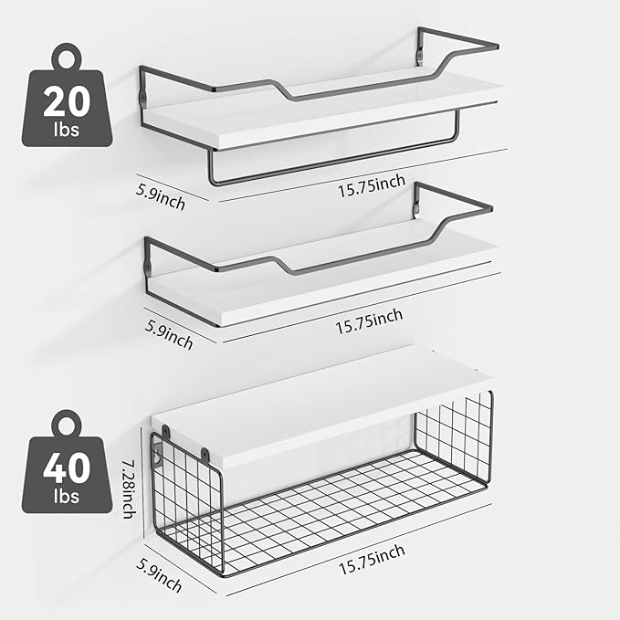 Floating Shelves Wall Mounted,Wood Bathroom Shelf Over Toilet with Paper Storage Basket, Wall Decor Farmhouse Floating Shelf for Bedroom, Living Room, Kitchen,Office (White)
