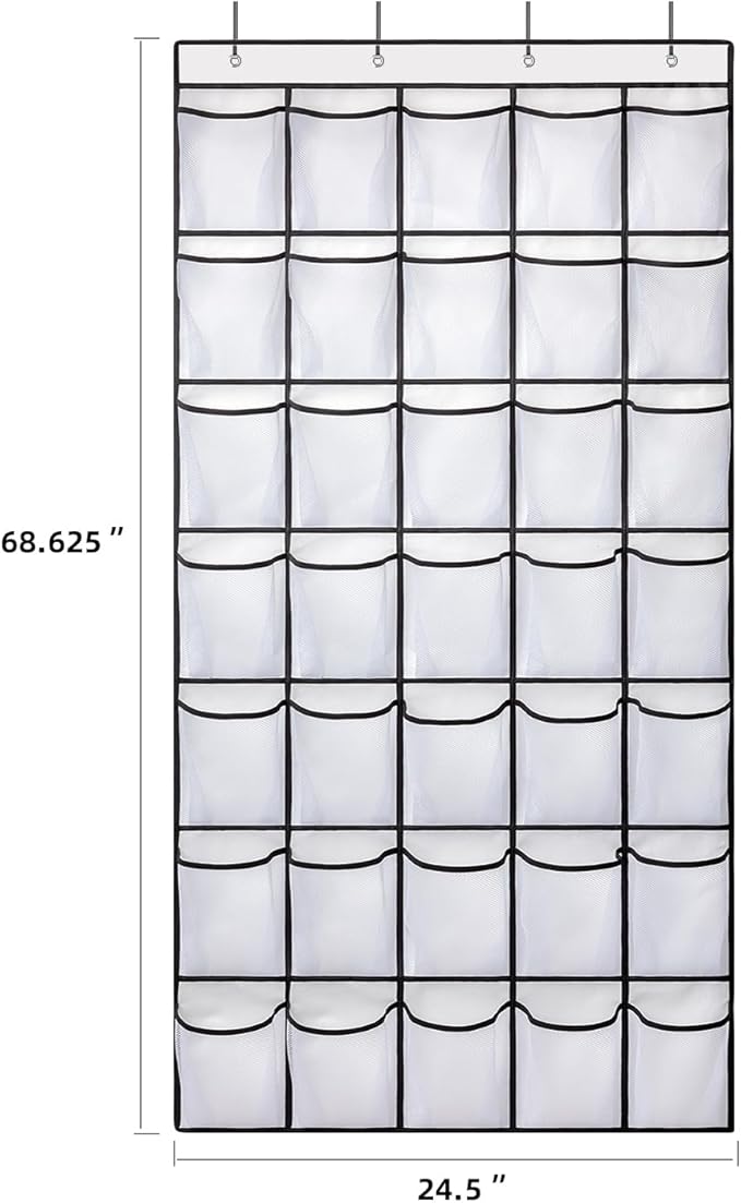 35 Pockets Over the Door Shoe Organizer, Hanging Shoe Organizer for Door with 35 Mesh Pockets Large Capacity Shoe Hanging Storage Bag with 4 Metal Hooks (White-1Pack)