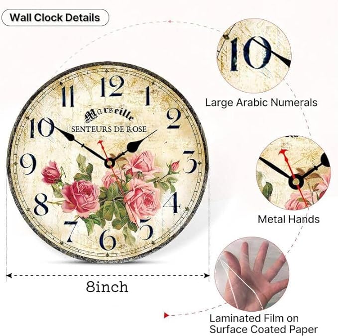 Vintage French Floral Wall Clock with Pink Rose Pattern Small Round Silent Non-Ticking Quartz Movement 8 inches Wall Clocks Battery Operated Home Flower Decorative for Bedroom,Living Room