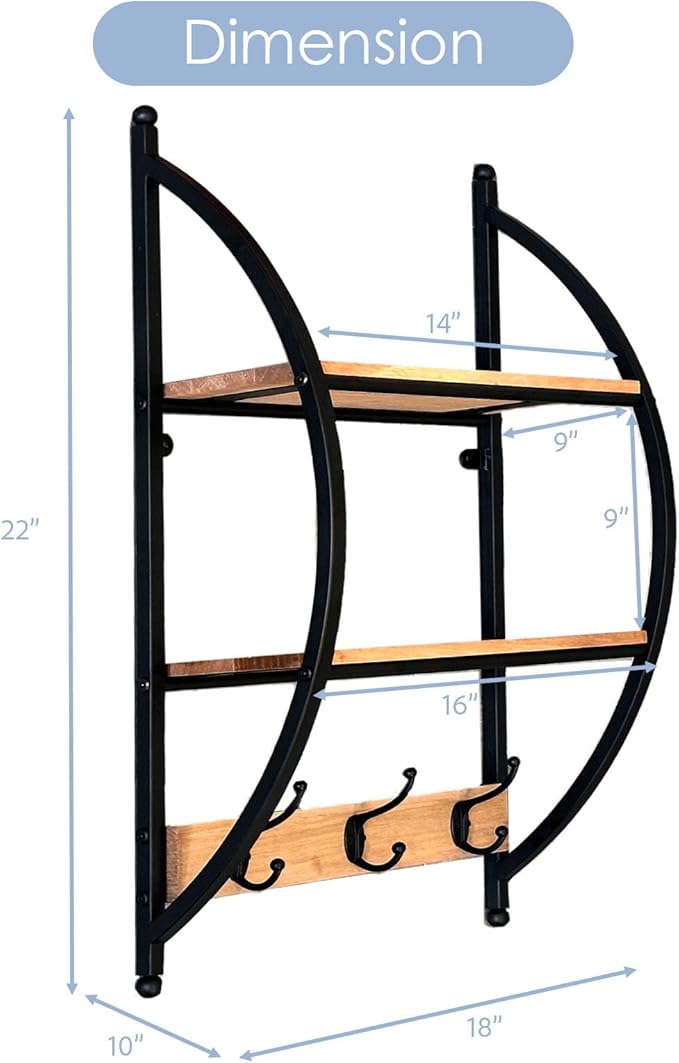 AGILE&KEEN Wall Mounted Bathroom Shelf, 2-Tier Wood and Iron Storage Rack with Hooks, Black Metal Frame 16" W X 7" D X 29" H