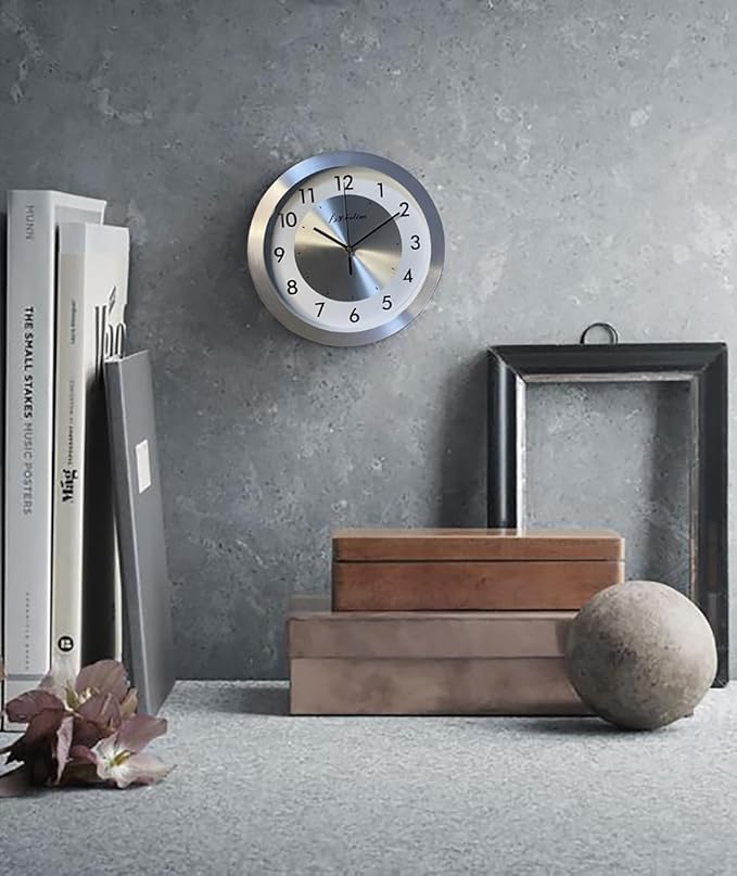 Non Ticking Silent Wall Clock Decorative,Analog Metal Wall Clock Battery Operated,Bedroom/Living Room/Office/Kitchen Clock,White,10 inch