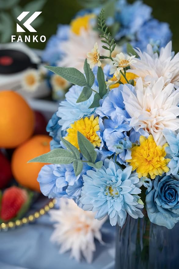 FANKO Rose Artificial Flowers Combo for DIY, Fake Blue Rose Artificial Silk Flowers with Greenery, Real Looking Artificial Faux Flowers for Wedding, Table Decoration, Centerpieces, Party, Home Décor