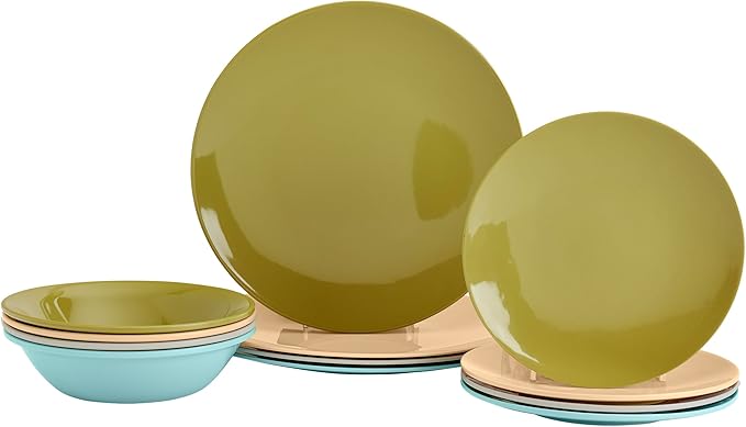 Tabletops Gallery 12 Piece Blue Green Coral Melamine Dinnerware Set Plates Bowls for Indoor Outdoor Use, Service for 4, Enchanted