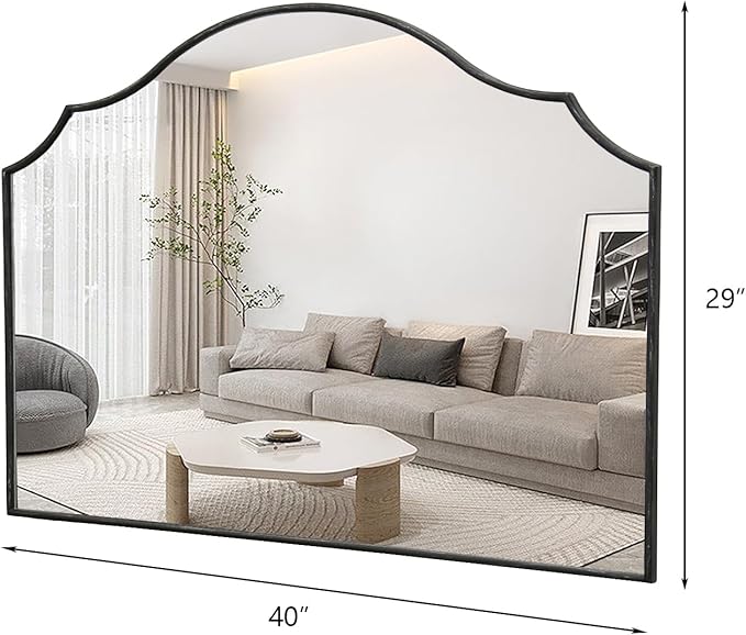 Black Scalloped Wall Mirror: 40"x29" Large Modern Minimalist Vanity Arched Mirror for Home Decor/Living Room/Bedroom/Fireplace/Mantle/Entryway
