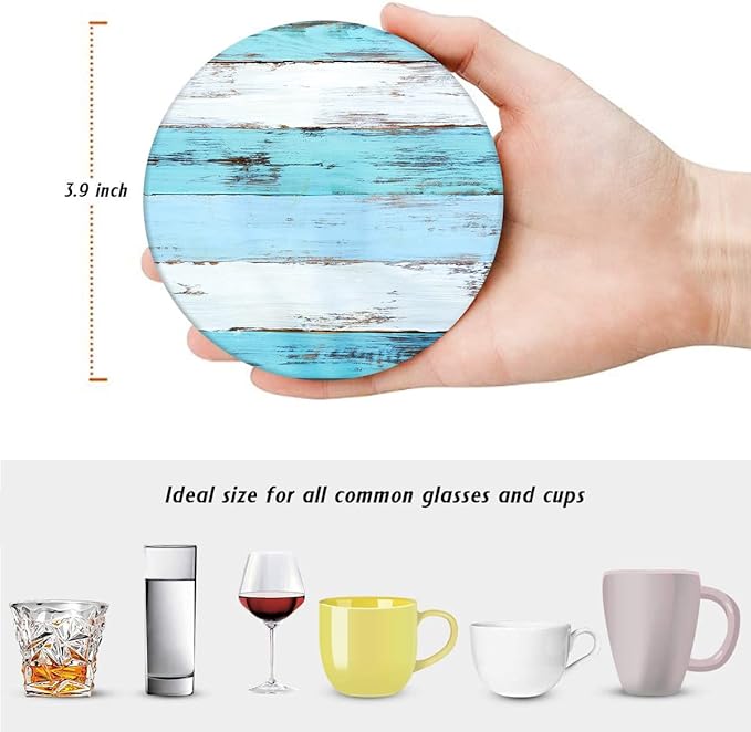Britimes Coaster for Drinks Set of 6, Wooden Board Brown Blue Table Absorbent Round Ceramic Stone Mat, with Cork Base and Metal Holder, Gift for Housewarming Room Bar Decor