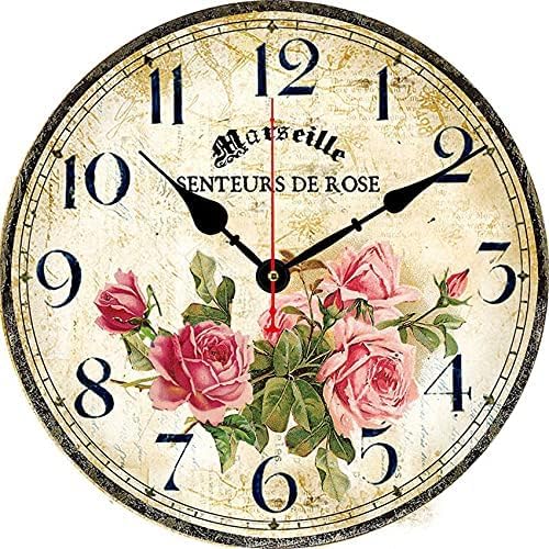 Vintage French Floral Wall Clock with Pink Rose Pattern Small Round Silent Non-Ticking Quartz Movement 8 inches Wall Clocks Battery Operated Home Flower Decorative for Bedroom,Living Room