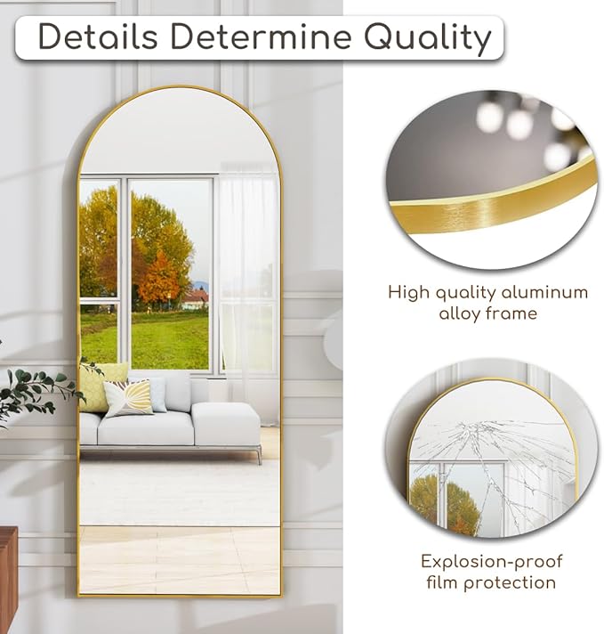 Arched Full Length Mirror, 64 "x 21" Floor Length Mirror with Stand, Wall Mounted Mirror, Standing Mirror with Aluminum Alloy Frame, Freestanding, Wall-Mounted or Leaning(Gold)