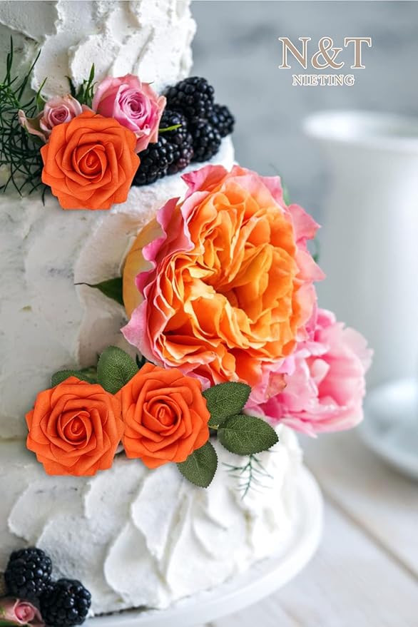 N&T NIETING Artificial Flowers, Fake Flowers Burnt Orange Roses Perfect for DIY Wedding Bridal Bouquets Centerpieces Bridal Shower Party Home Flower Arrangement Decorations, 25Pcs