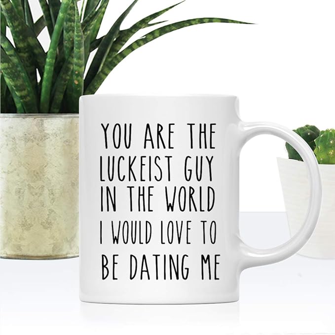 Andaz Press Valentine’s Day Funny 11oz. His Her Couples Coffee Mug Gift, You Are The Luckeist Guy In The World I Would Love To Be Dating Me, 1-Pack, Gift Box