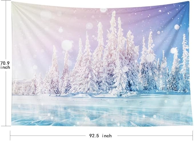 EMMTEEY Magical Forest Tapestry - Mysterious Landscape Blue Ice Lake Frozen Snow Tree Wall Hanging 92.5X70.9 Door Decor