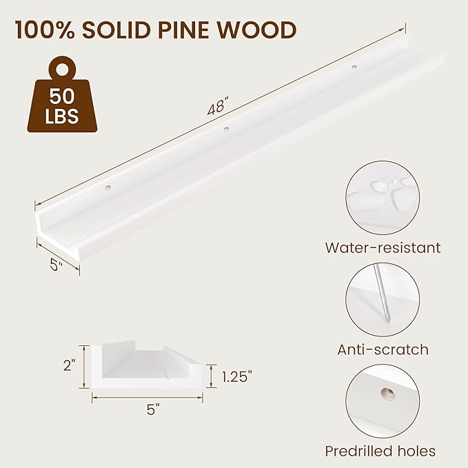 Picture Ledge Shelf, Solid Pine Wood Rustic Floating Shelves for Wall, 48 Inch Long Floating Shelves with Lip for Bedroom Kitchen Living Room Nursery Display-Set of 2 (White)