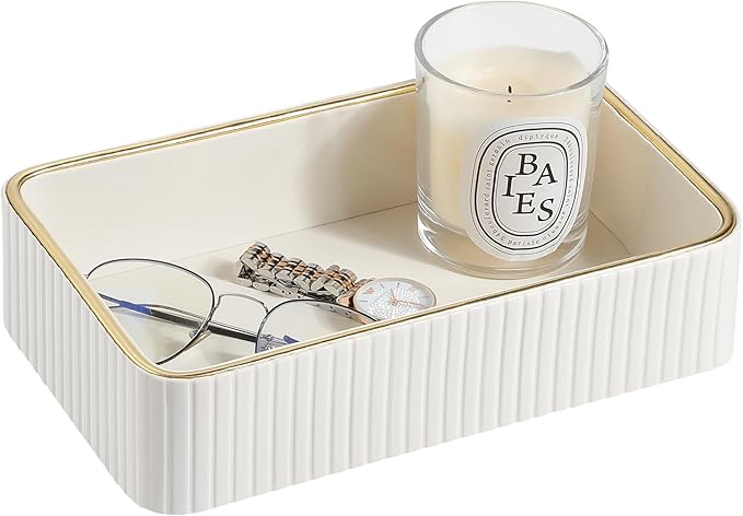 Desk Organizer Tray, PU Leather Valet Tray Nightstand Organizer Cologne Perfume Tray for Men Women, Decorative Vanity Tray Key Bowl Trinket Dish Bathroom Bedroom Accessories (Ivory)