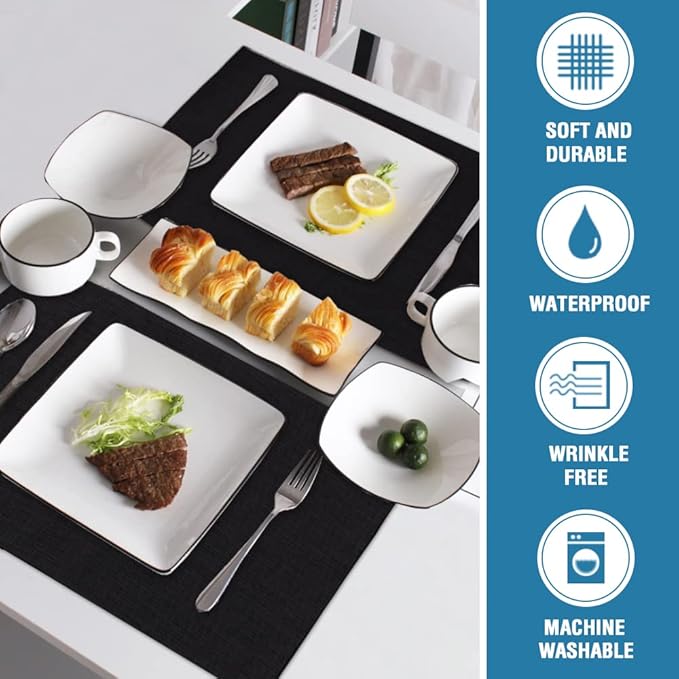 H.VERSAILTEX Linen Placemats Set of 6 Premium Solid Table Placemats for Dining Table Spill-Proof Waterproof Table Mats Heat-Resistant Kitchen Table Mats Washable, 12x18 inches, Black