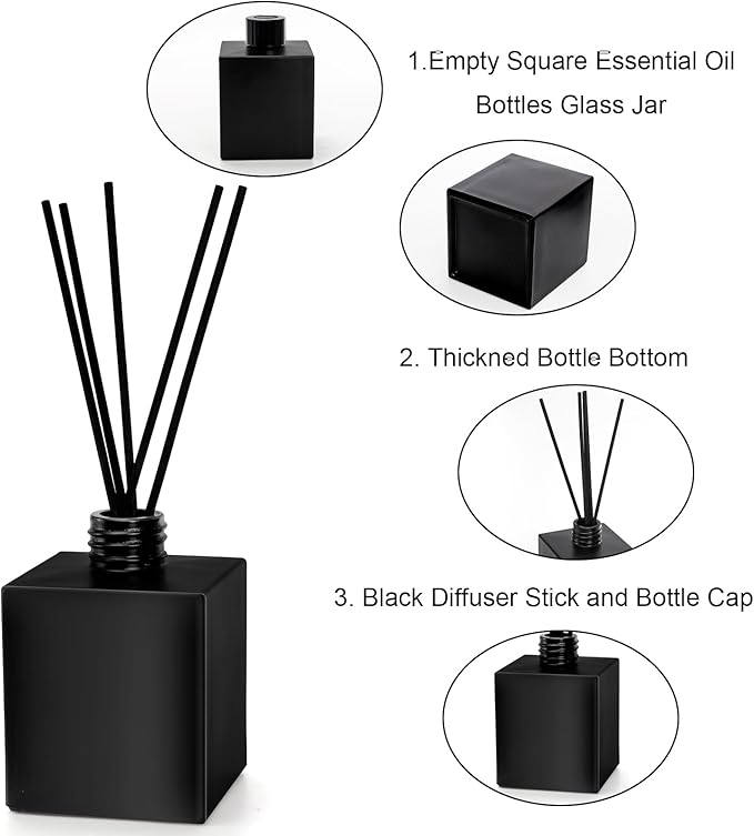 Yesland 6 Pack Perfume Reed Diffuser Bottle, 200ml/6.7oz Empty Refillable Essential Oil Bottles Glass with 60 Sticks, DIY Fragrance Diffuser Sets for Home Bathroom Office Decoration Gift, Black