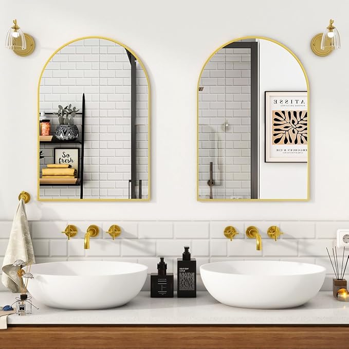 Arched Wall Mirror, 16 x 24 inch Arch Bathroom Mirror, Wall Mounted Vanity Mirror with Arch Metal Frame, Modern Bathroom Vanity Mirror for Bedroom, Living Room, Hanging or Leaning, Gold
