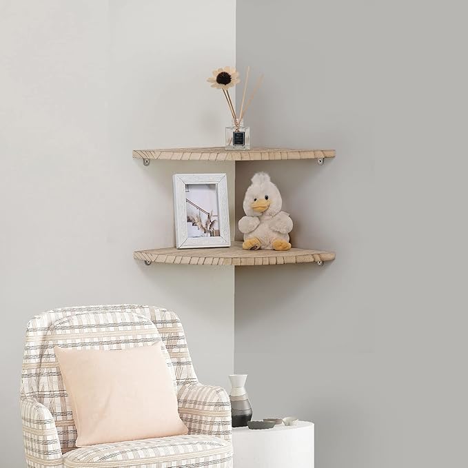 10 inch Corner Wall Shelf, Set of 2 Solid Wood Corner Floating Shelves for Wall, Round End Wall Mounted Floating Corner Shelf for Bedroom, Living Room and Kitchen (Carbonized-10 inch)
