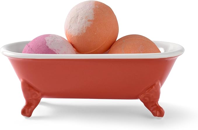 6.5" Ceramic Mini Decorative Clawfoot Bathtub Bar Soap Dish, Kitchen Sponge Holder and Shower Tray for Bathroom, 1 Pack(Coral)