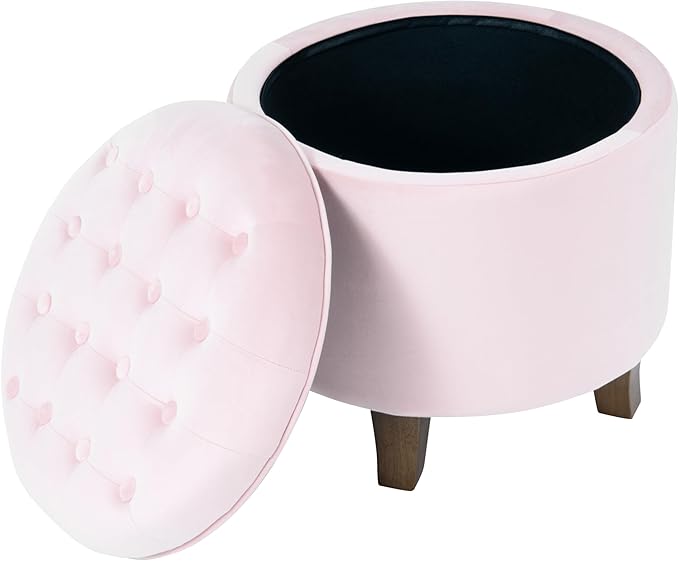 Homepop Home Decor | Upholstered Round Velvet Tufted Foot Rest Ottoman | Ottoman with Storage for Living Room & Bedroom | Decorative Home Furniture, Pink Blush Small